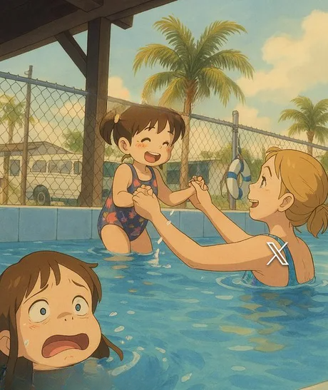 Mother Ignoring Kid Drowning In A Pool (Ghibli meme version)